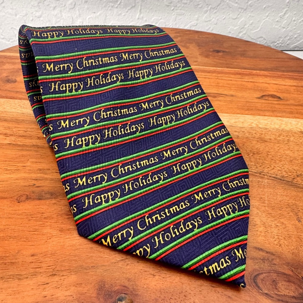 Mens Merry Christmas Happy Holidays Striped Navy Silk-Look Polyester Tie